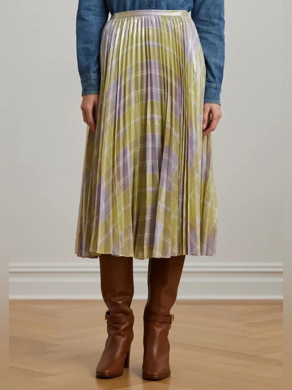 Lauren Ralph Lauren Checked Plaid Pleated Georgette Skirt Size 8